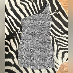 Black and white leopard print one shoulder mini dress